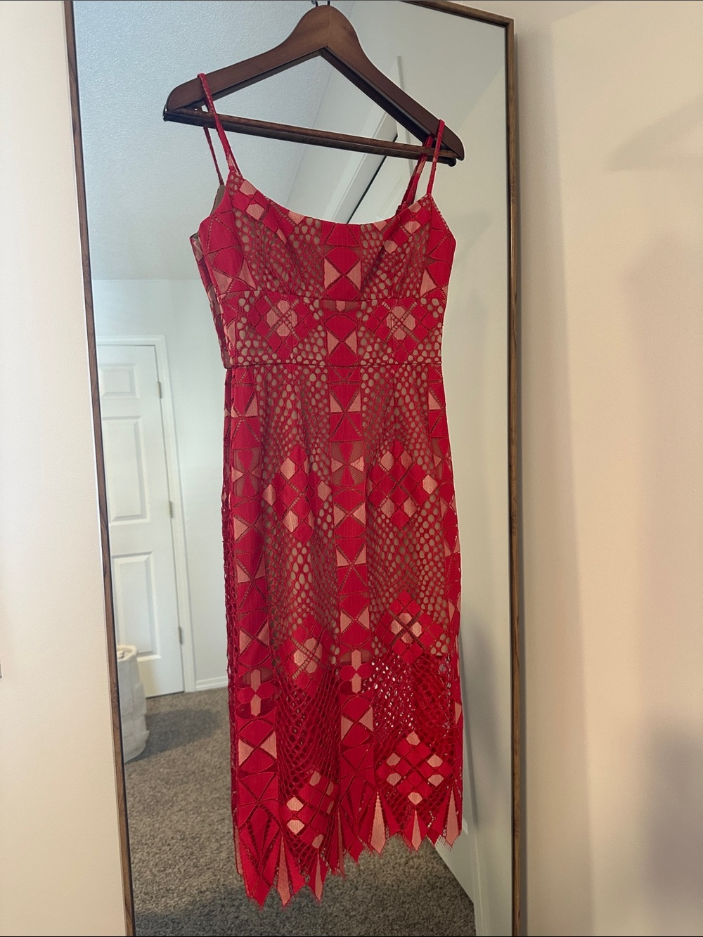 BCBGMaxAzria Red Lace Midi Dress with Geometric Cutwork